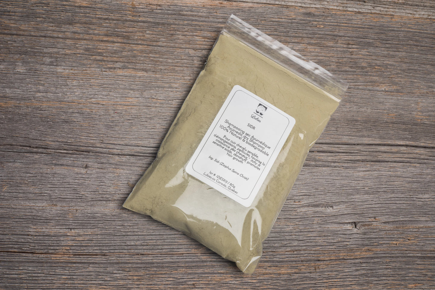 Sachet de poudre de Sidr de la marque Lubies Soins Naturels au Québec.