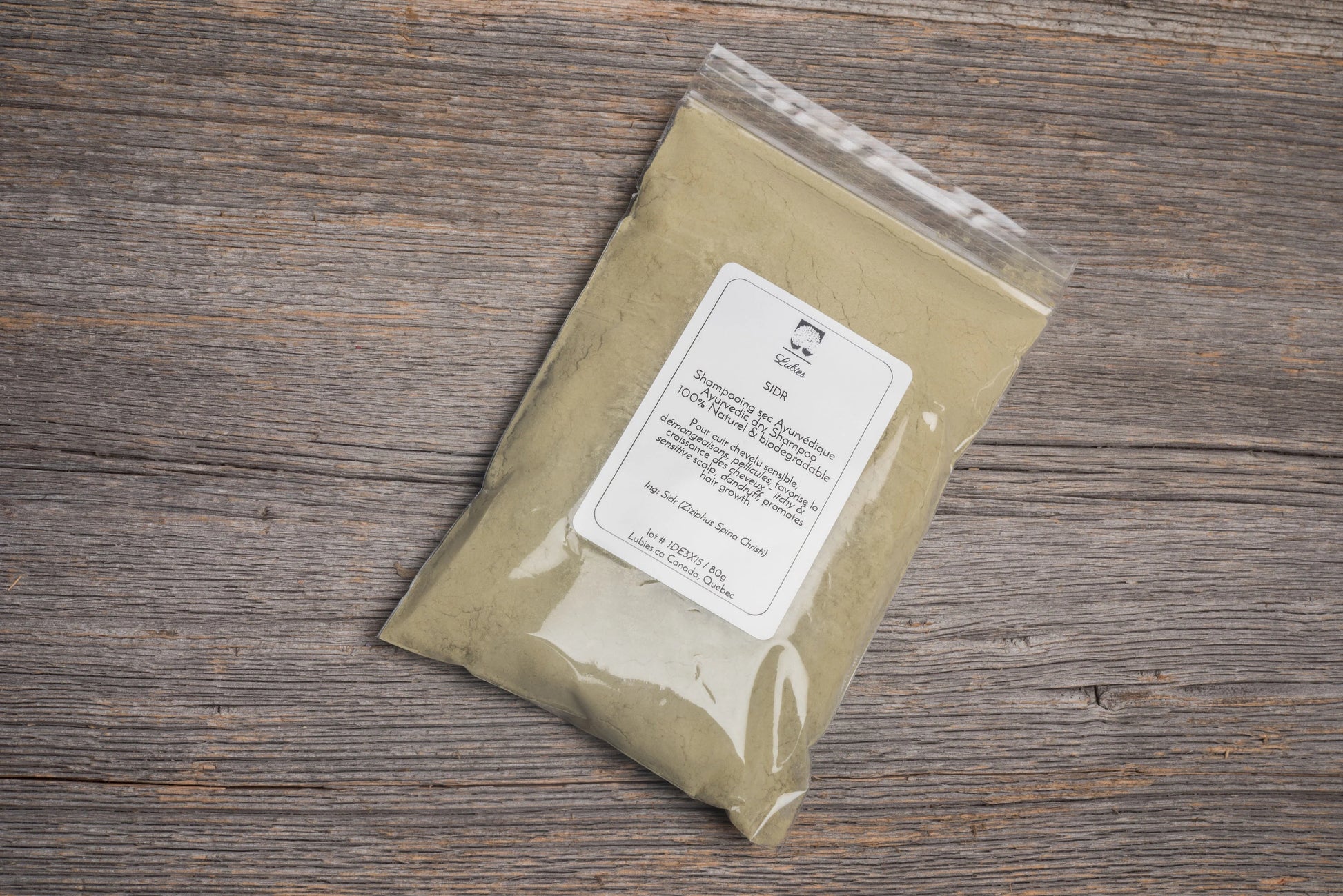 Sachet de poudre de Sidr de la marque Lubies Soins Naturels au Québec.
